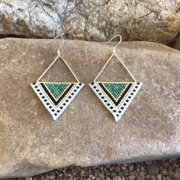 Turquoise Triangle Beaded Earrings, Handmade by Me - Picture 2 of 6